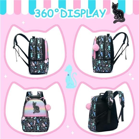Kids Cute Cat School Backpacks‎ BlackBags with Lunch Box for Girls Ages 8-10 - Picture 3 of 6